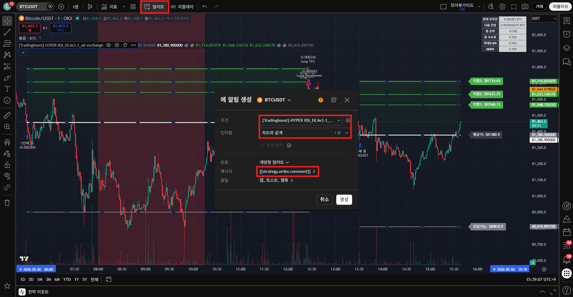 OKX Hyper RSI 11 Create an alert + message setup