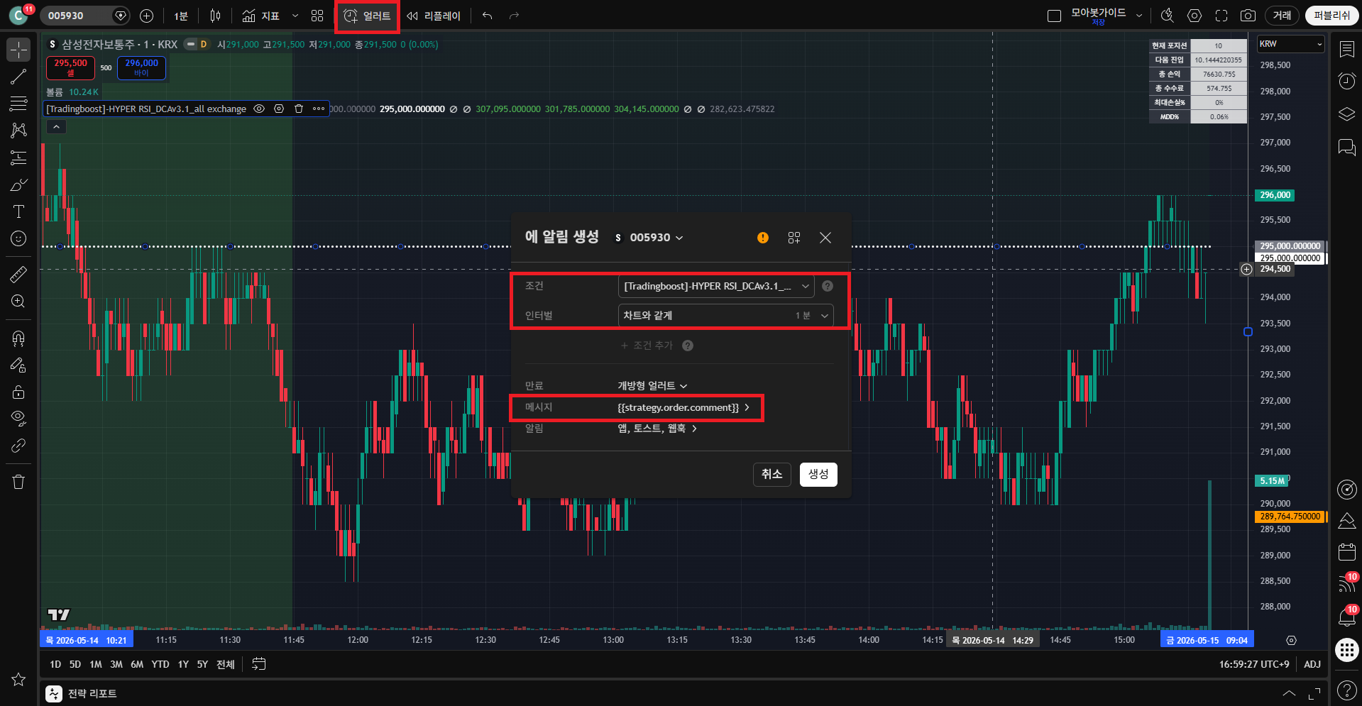한국투자증권 Hyper RSI 08 얼러트 생성 + 메시지 편집기 열기