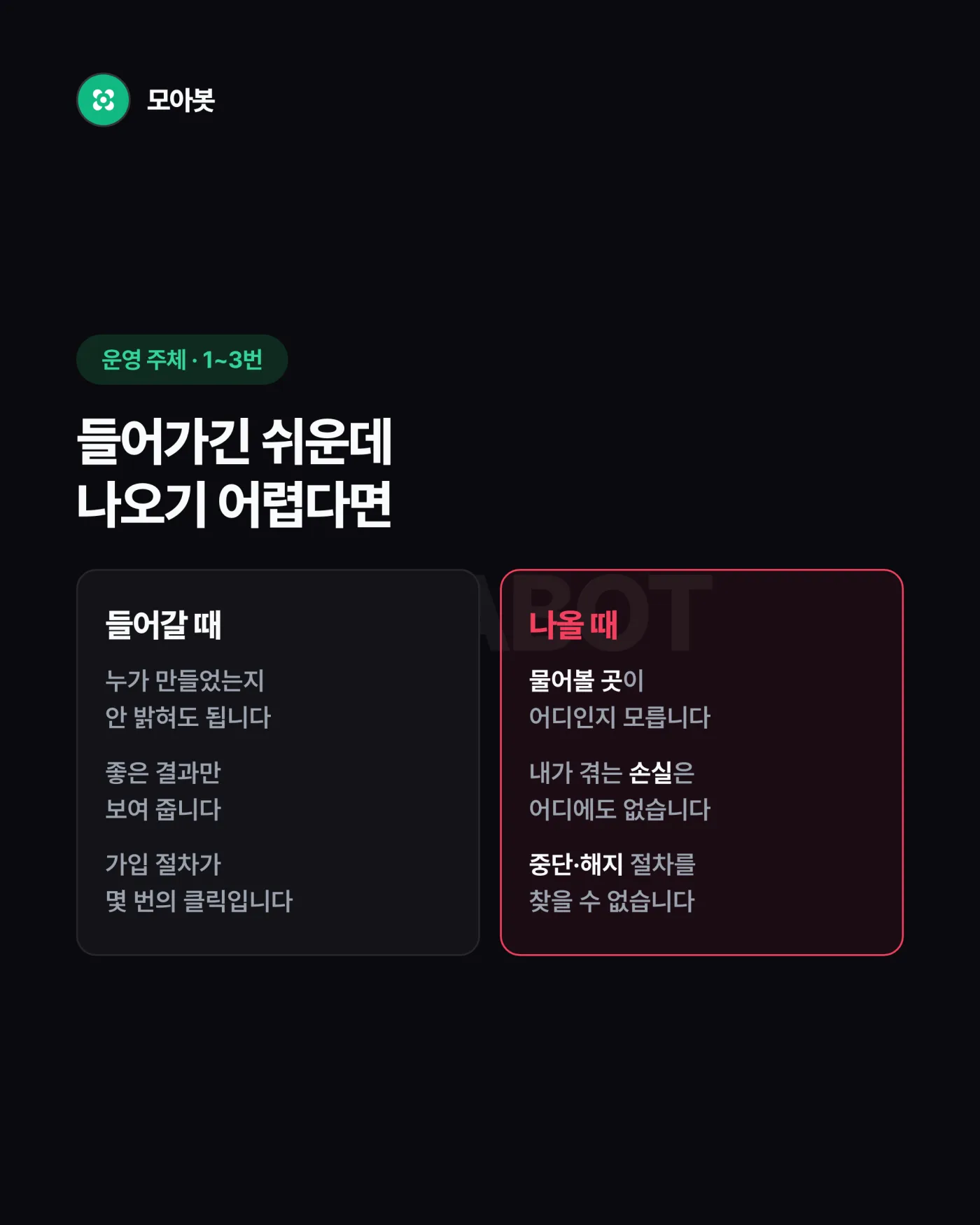 운영 주체 점검 1~3번. 들어갈 때는 운영자를 안 밝혀도 되지만, 나올 때는 물어볼 곳도 중단·해지 절차도 찾을 수 없다는 대비